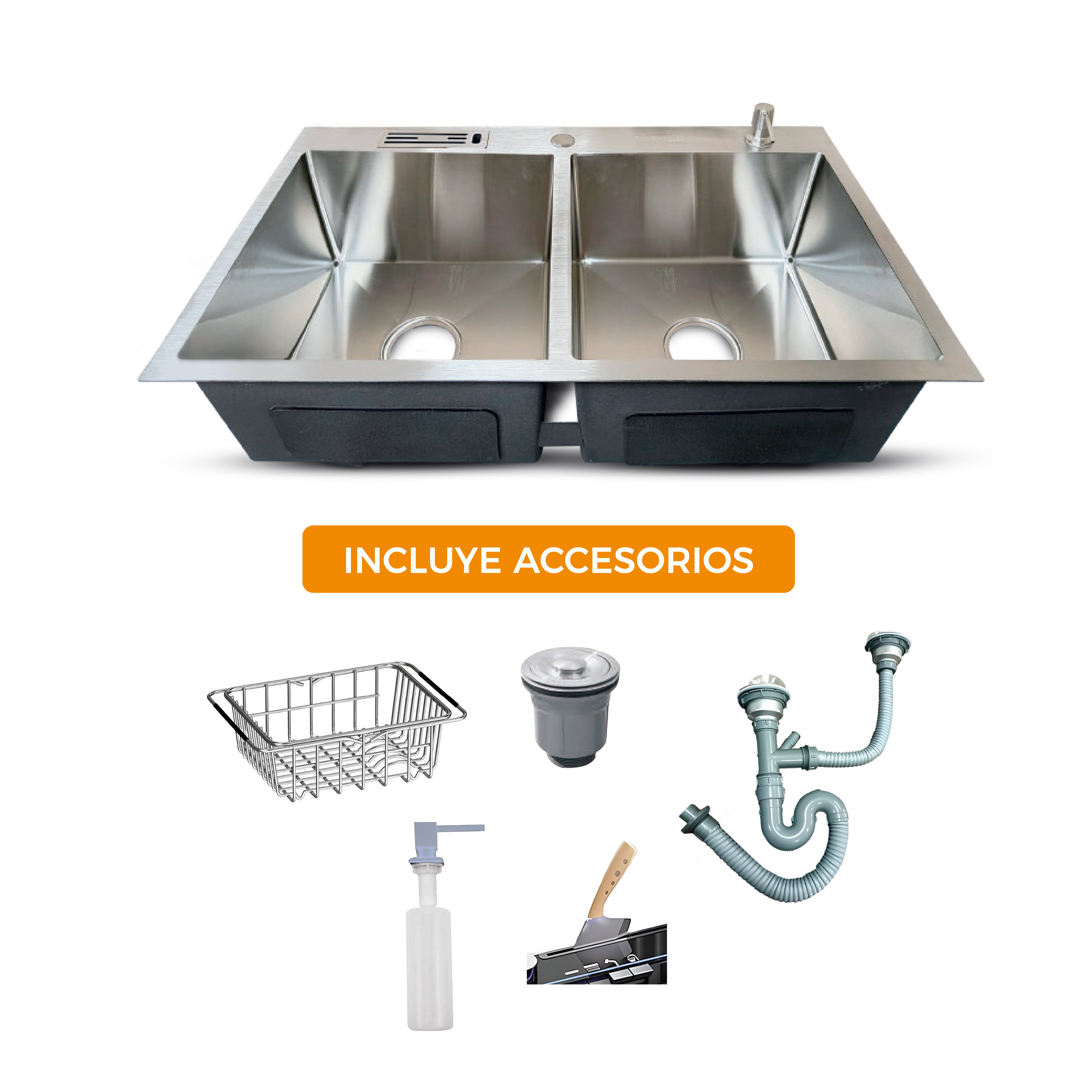 Prm-8448S Lavadero Prime De Acero Inox. Satinado Doble Poza C/Acces. 84X48X23Cm - Fratelli